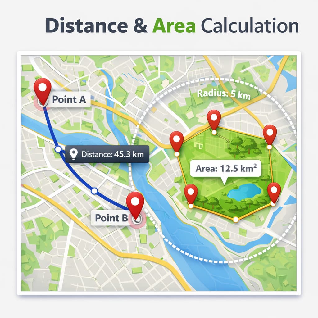 Map calculator thumbnail with connected spherical pins for distance and area measurement